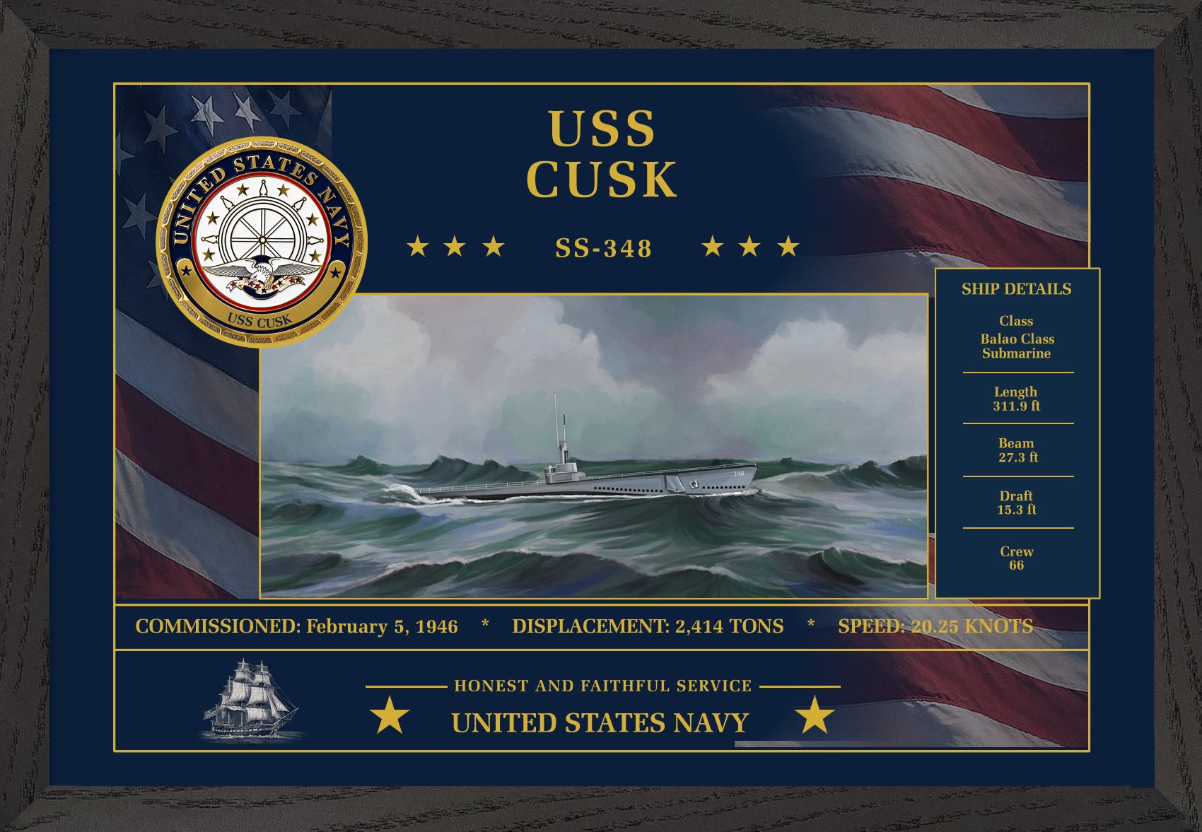 USS Cusk SS-348 Framed Patriotic Art