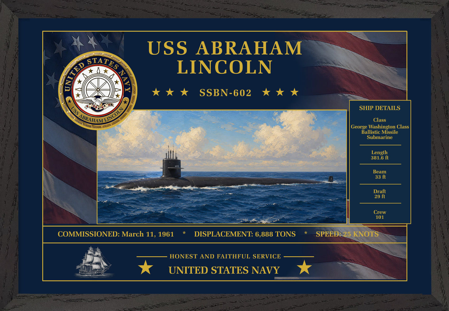 USS Abraham Lincoln SSBN-602 Framed Patriotic Art