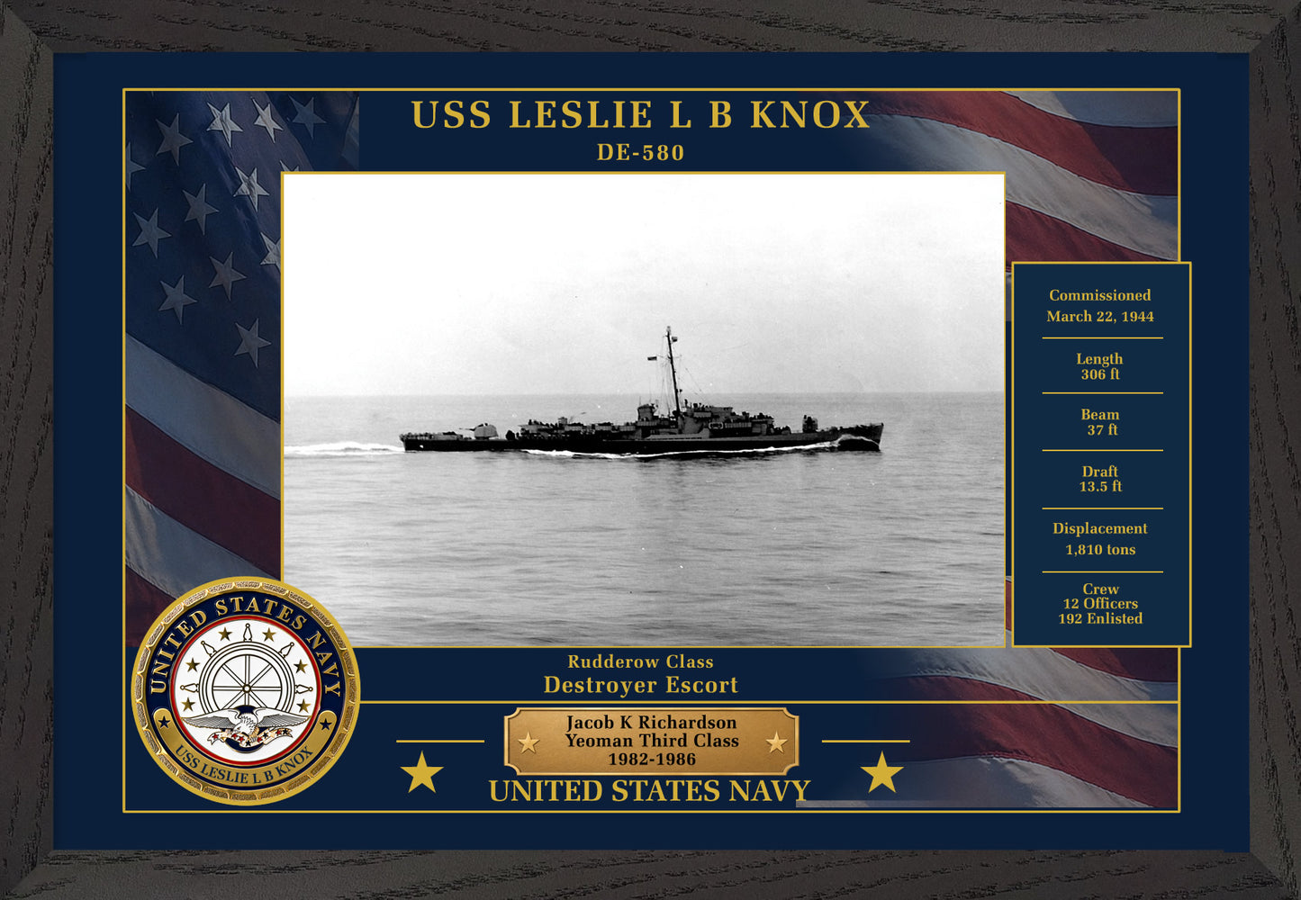 USS Leslie L B Knox DE-580 Framed Patriotic Photo