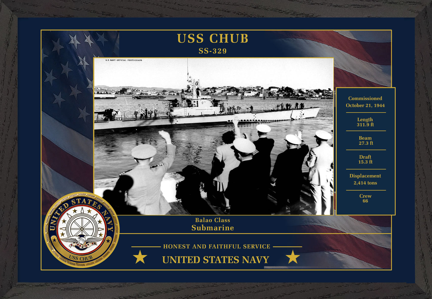 USS Chub SS-329 Framed Patriotic Photo