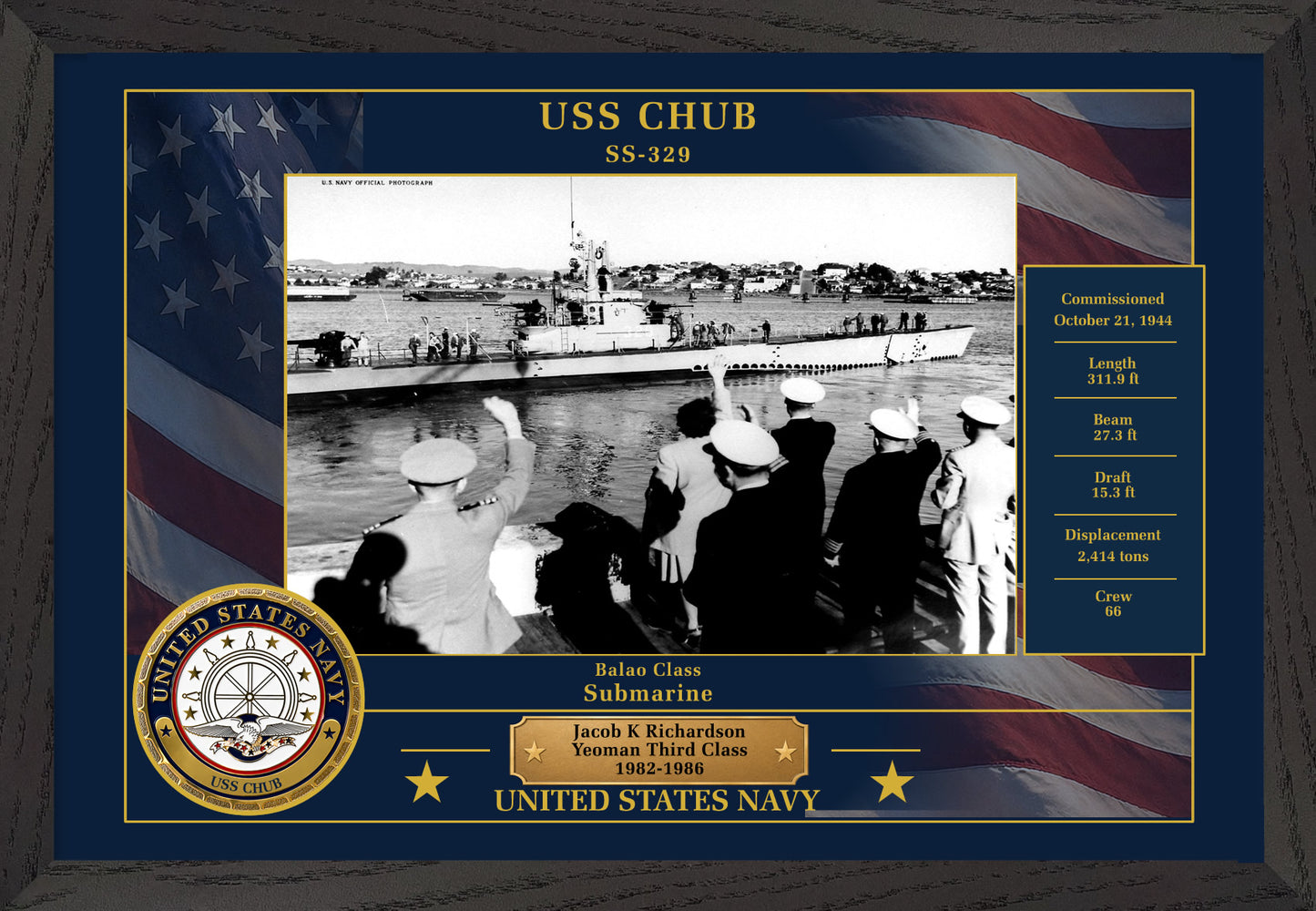 USS Chub SS-329 Framed Patriotic Photo