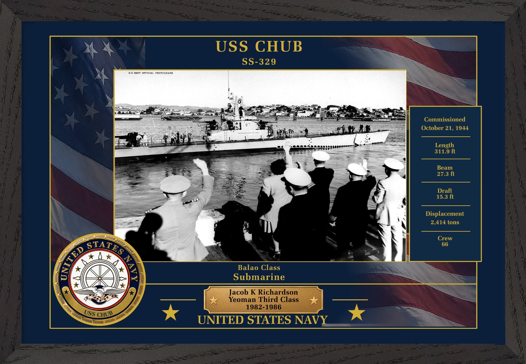 USS Chub SS-329 Framed Patriotic Photo