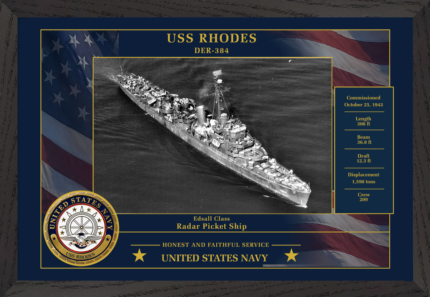 USS Rhodes DER-384 Framed Patriotic Photo