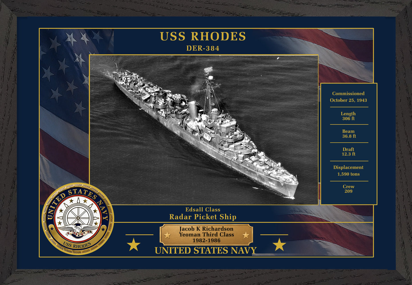 USS Rhodes DER-384 Framed Patriotic Photo