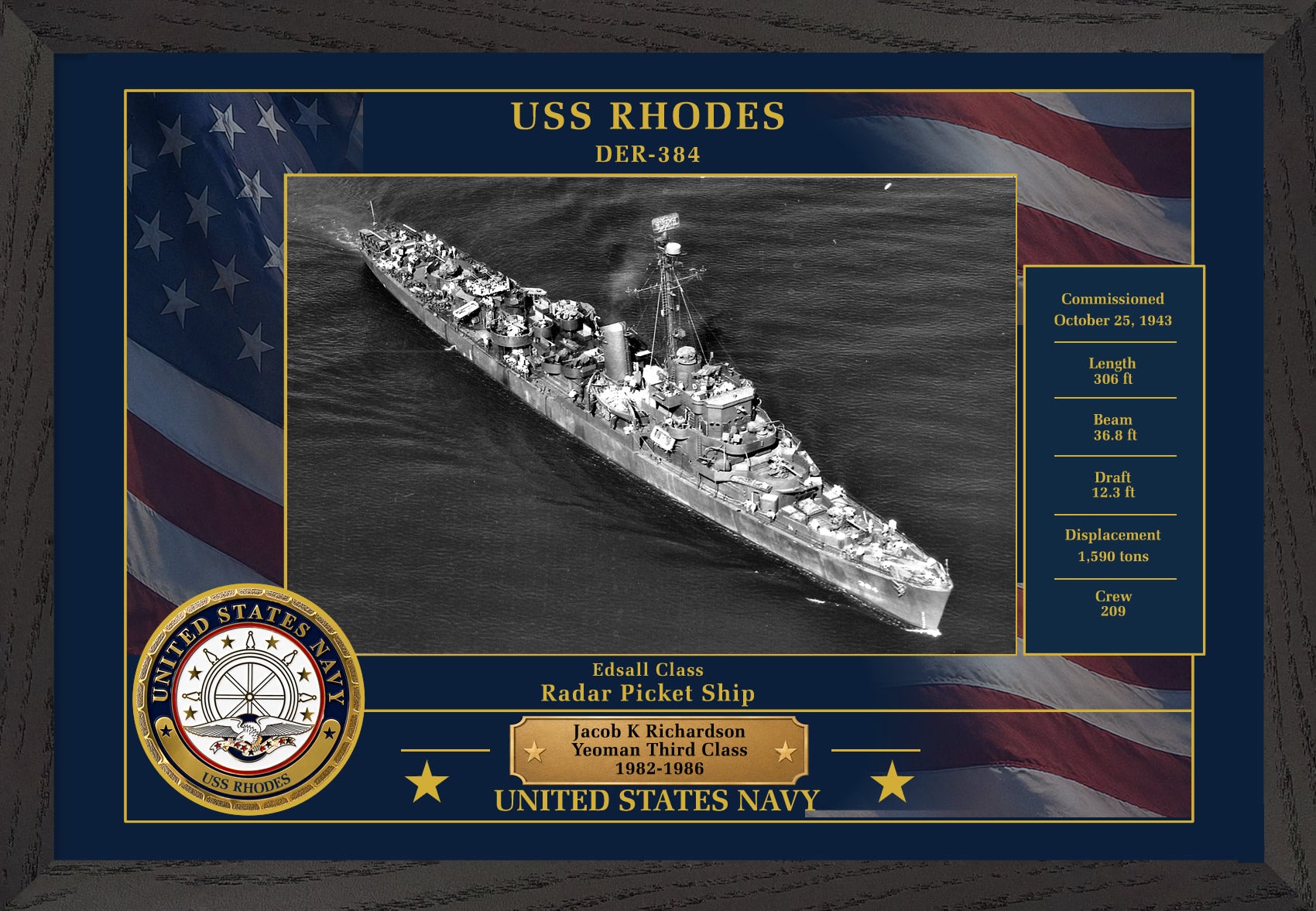USS Rhodes DER-384 Framed Patriotic Photo