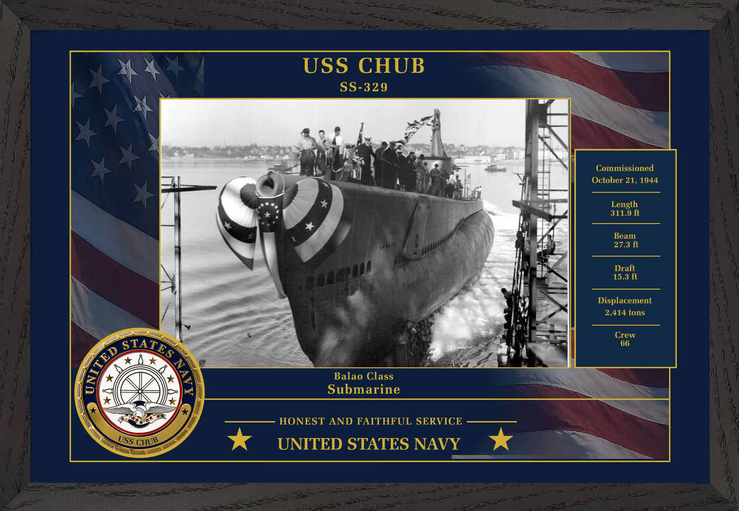 USS Chub SS-329 Framed Patriotic Photo
