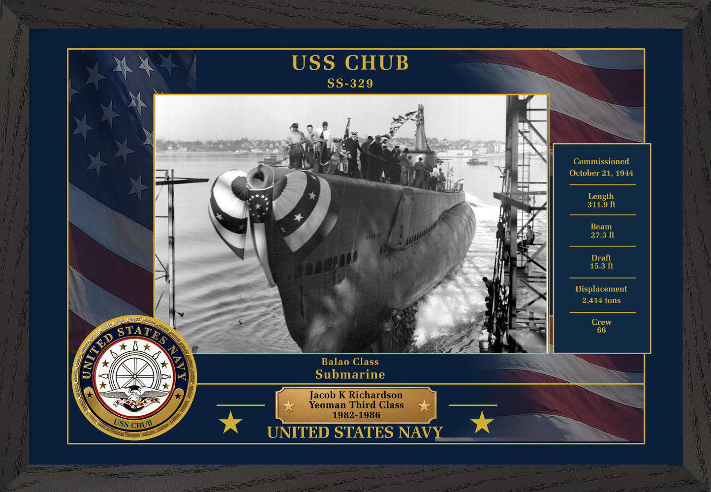 USS Chub SS-329 Framed Patriotic Photo