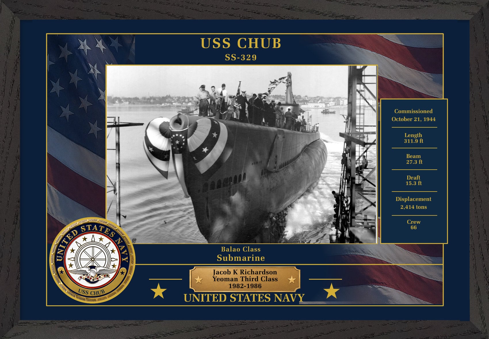 USS Chub SS-329 Framed Patriotic Photo