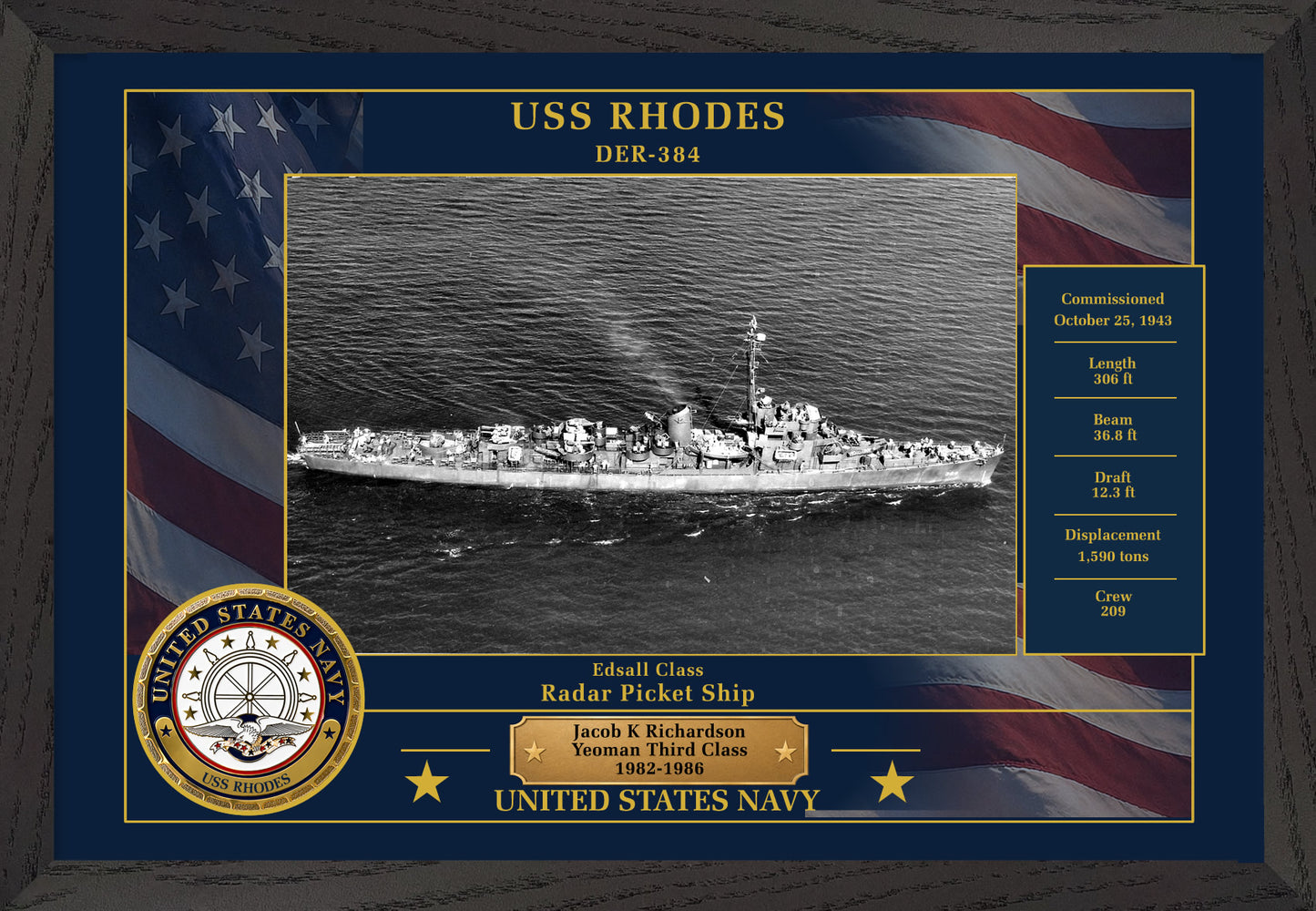 USS Rhodes DER-384 Framed Patriotic Photo