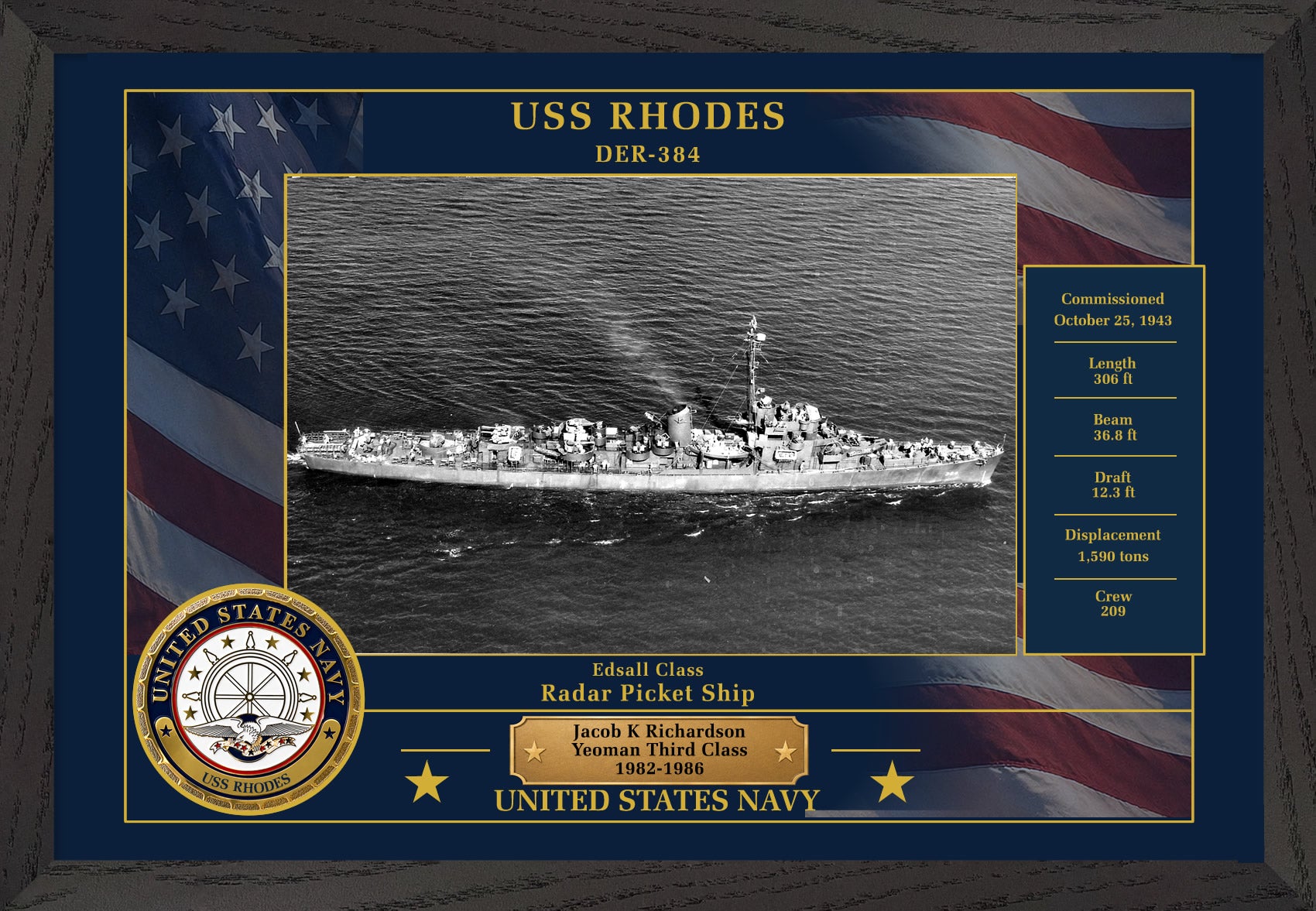 USS Rhodes DER-384 Framed Patriotic Photo