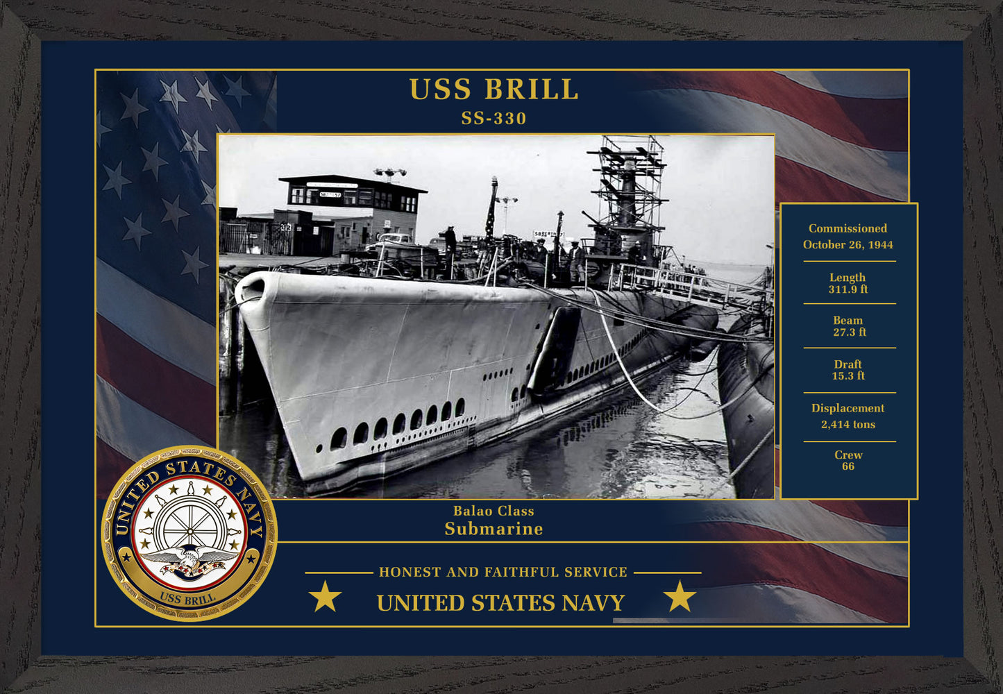 USS Brill SS-330 Framed Patriotic Photo