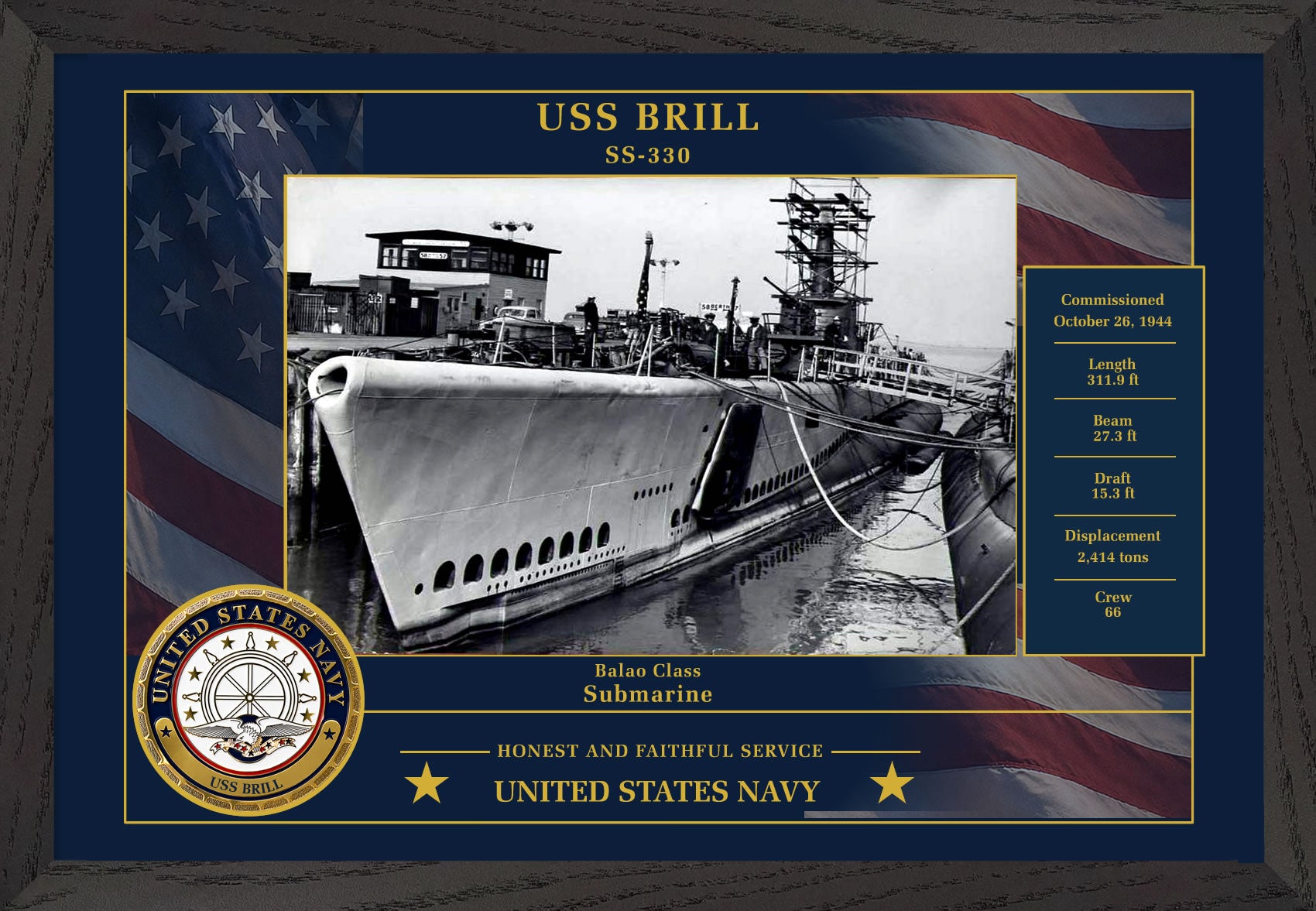 USS Brill SS-330 Framed Patriotic Photo