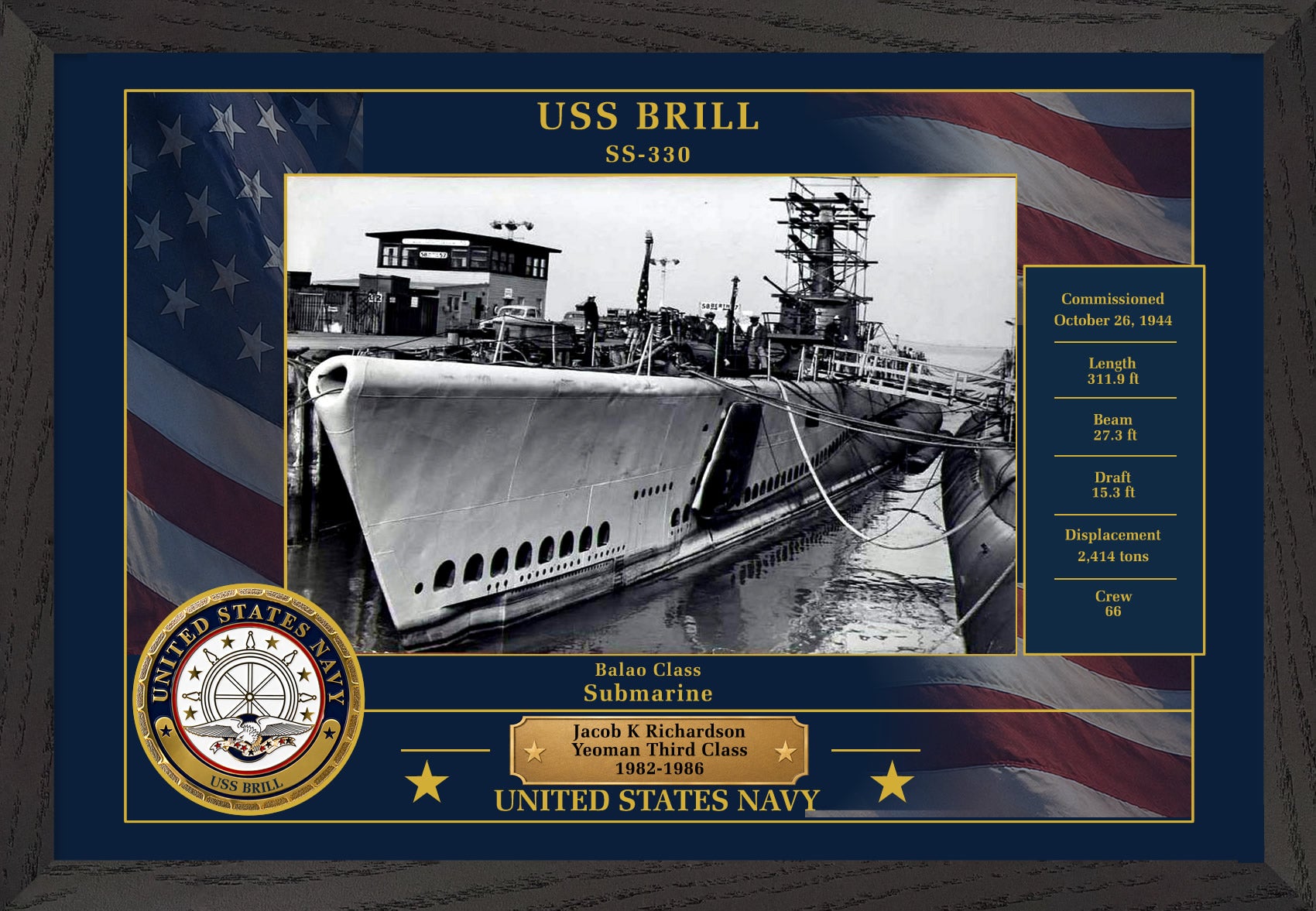 USS Brill SS-330 Framed Patriotic Photo