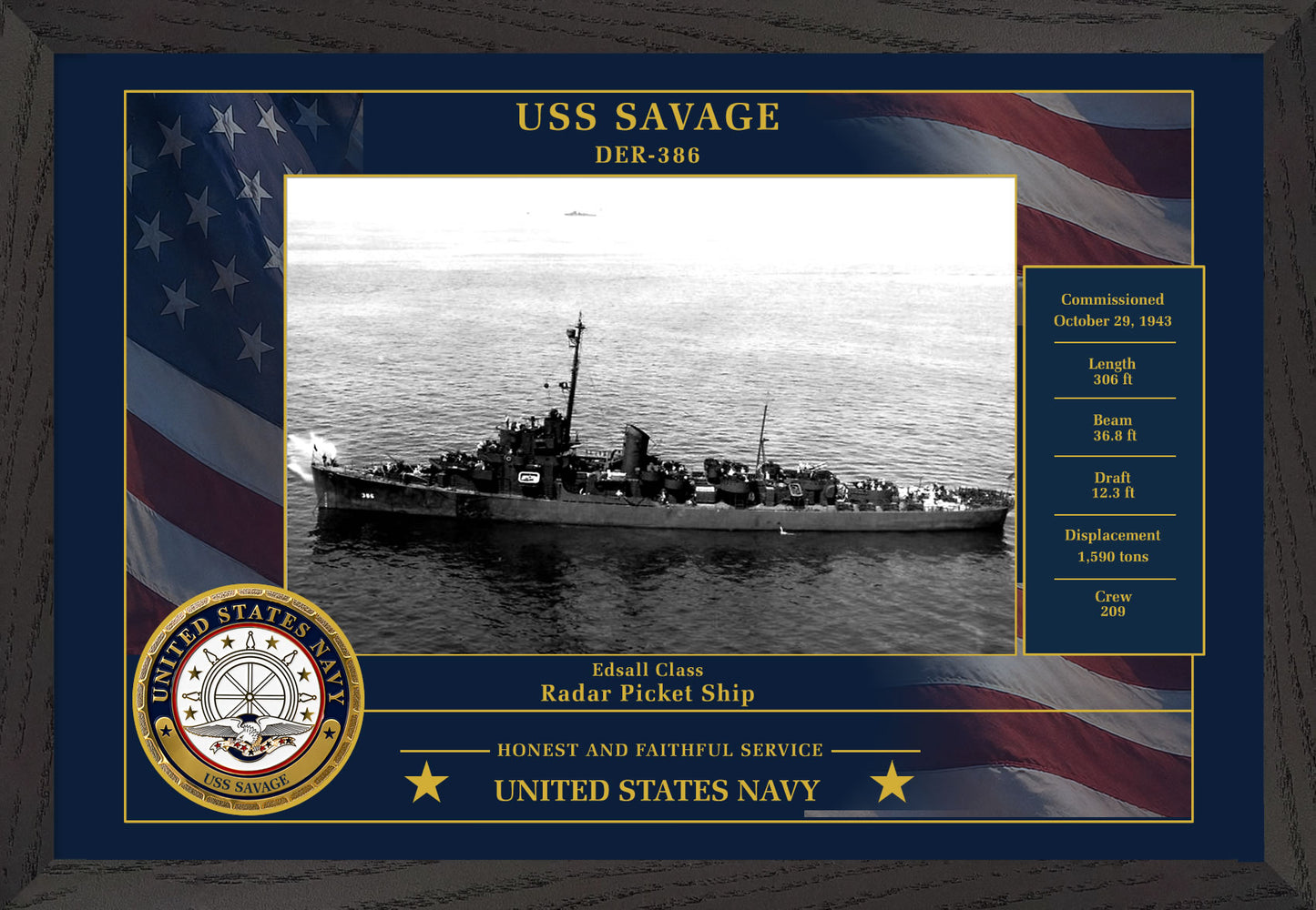 USS Savage DER-386 Framed Patriotic Photo