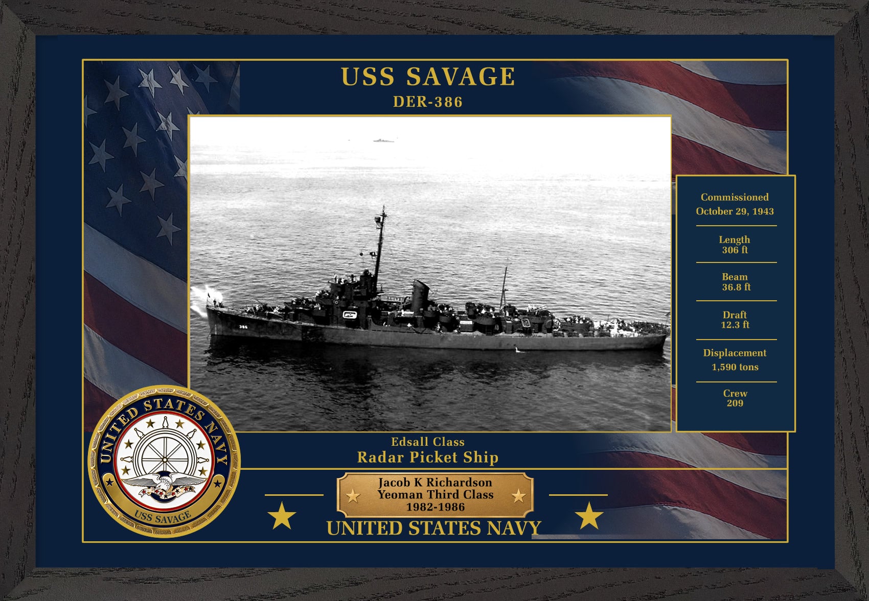 USS Savage DER-386 Framed Patriotic Photo