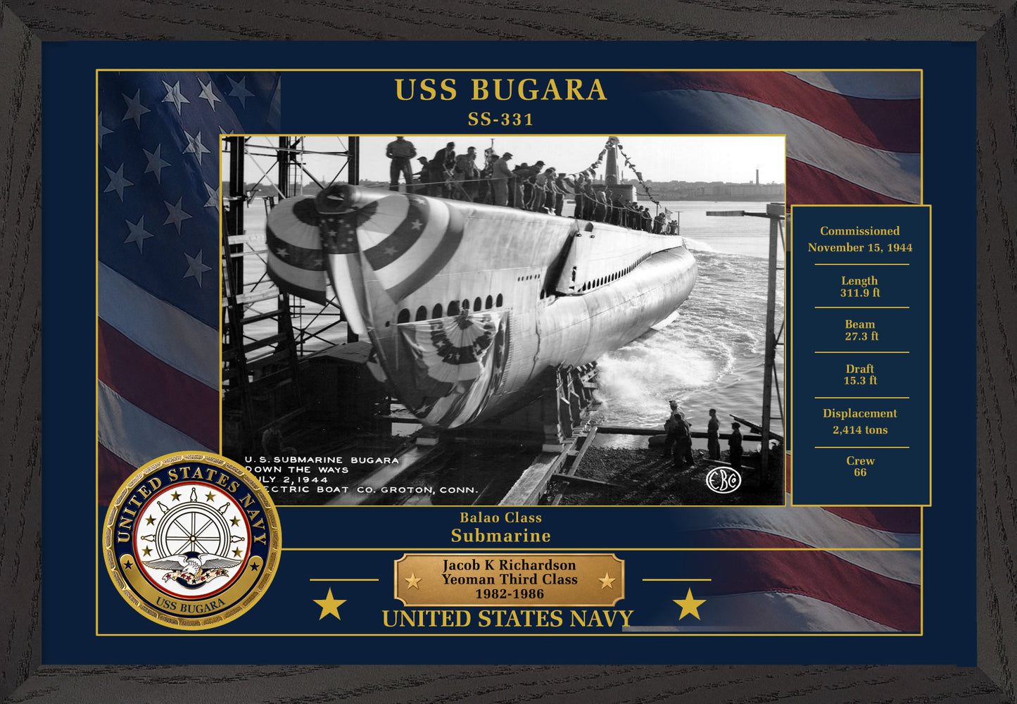 USS Bugara SS-331 Framed Patriotic Photo