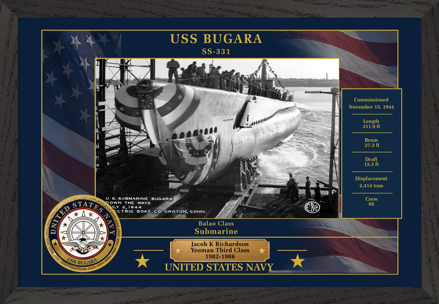 USS Bugara SS-331 Framed Patriotic Photo