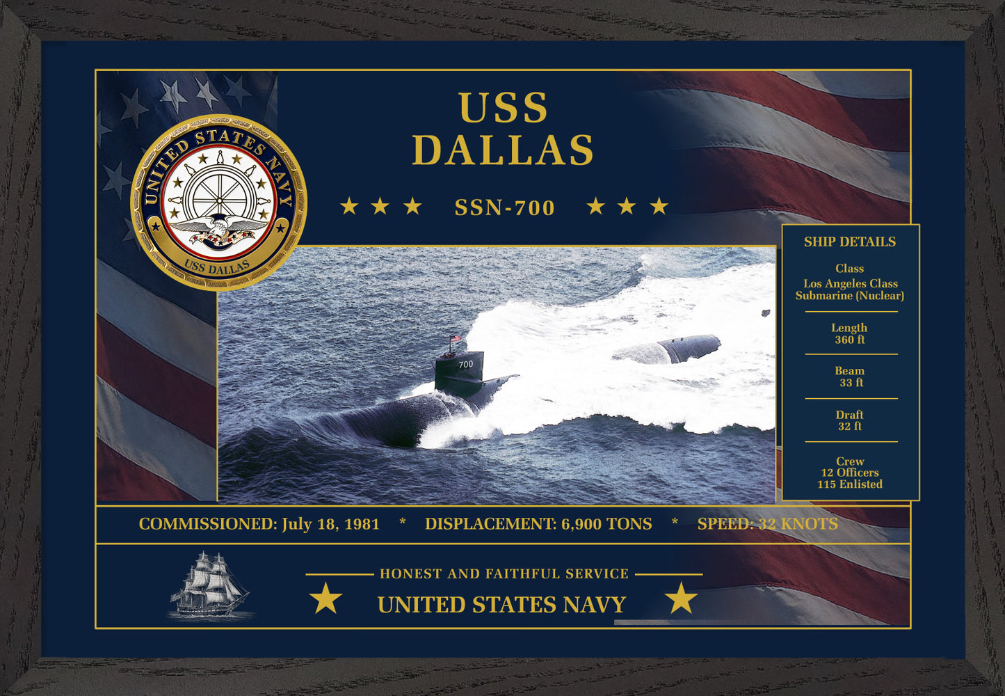 USS Dallas SSN-700 Framed Patriotic Art