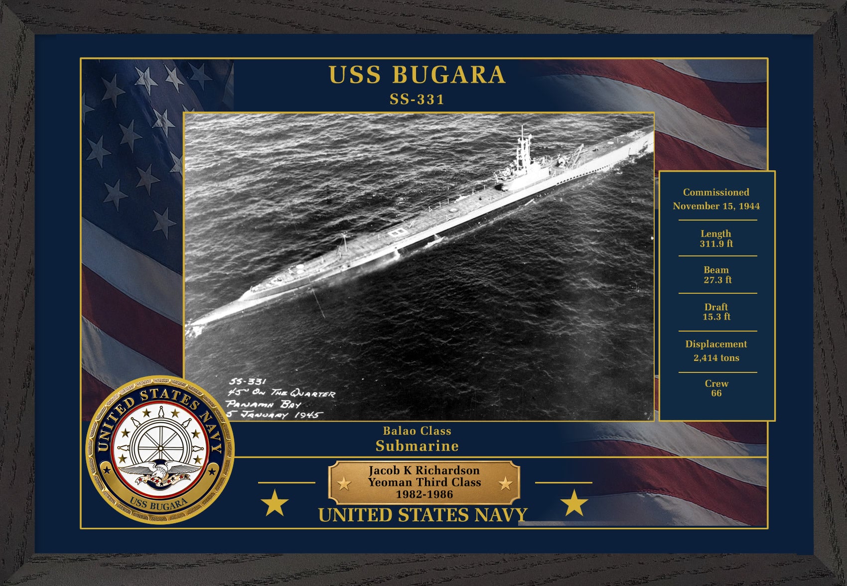USS Bugara SS-331 Framed Patriotic Photo
