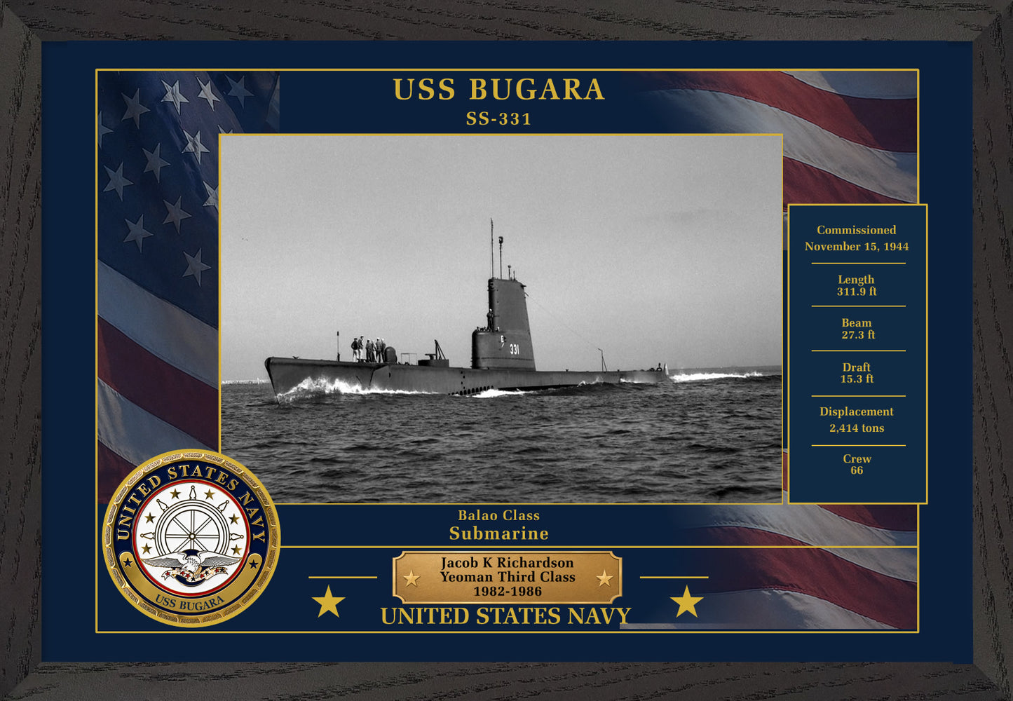 USS Bugara SS-331 Framed Patriotic Photo