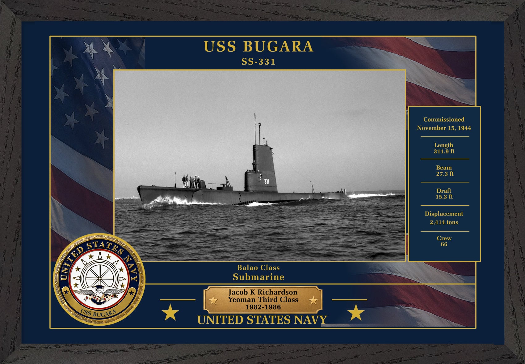USS Bugara SS-331 Framed Patriotic Photo