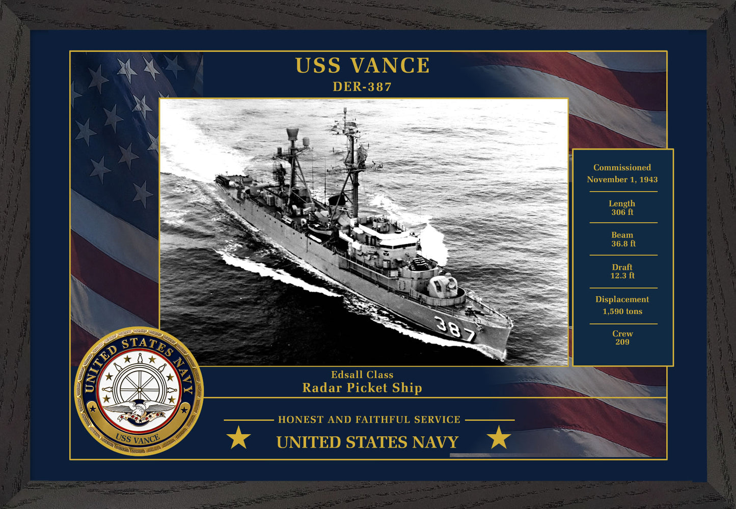 USS Vance DER-387 Framed Patriotic Photo