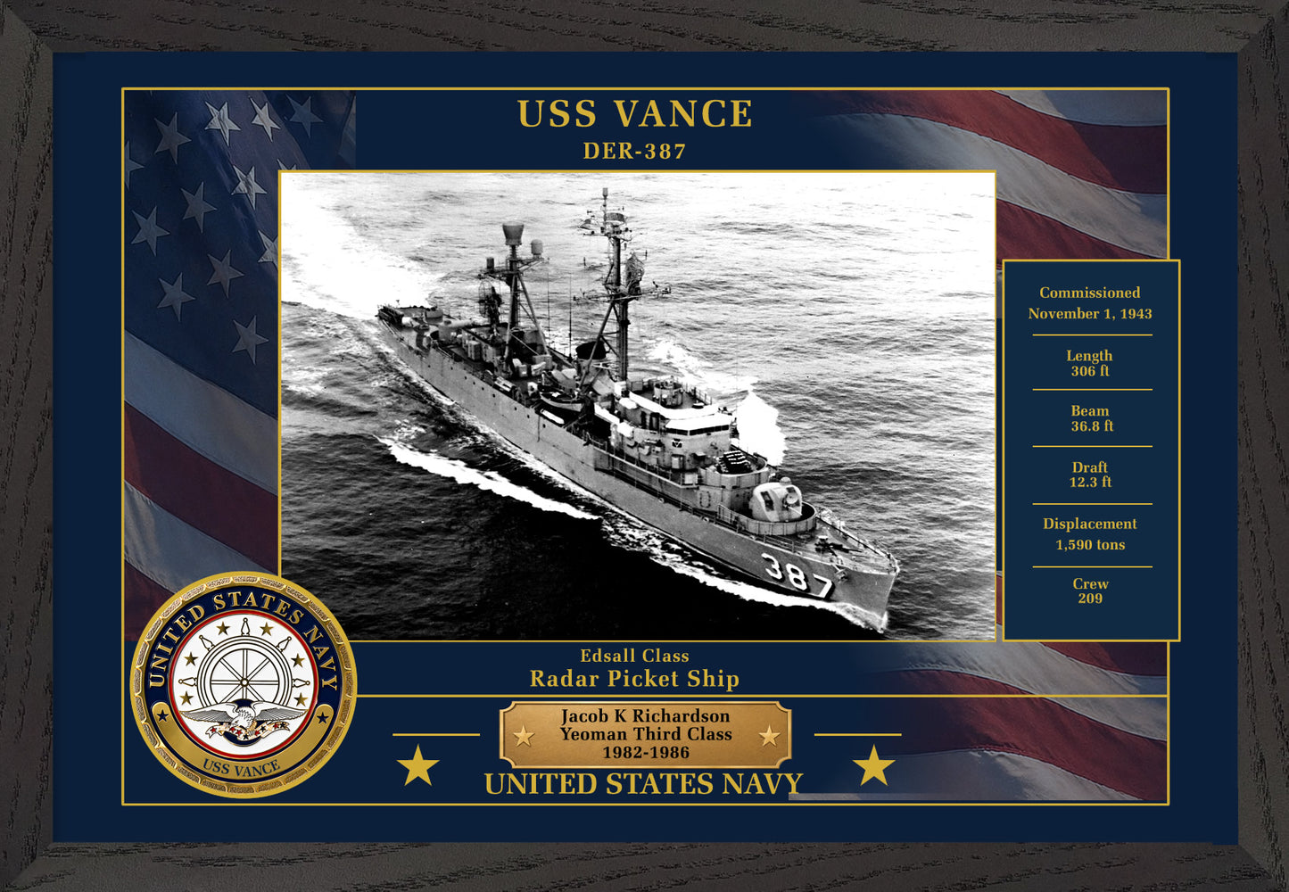 USS Vance DER-387 Framed Patriotic Photo