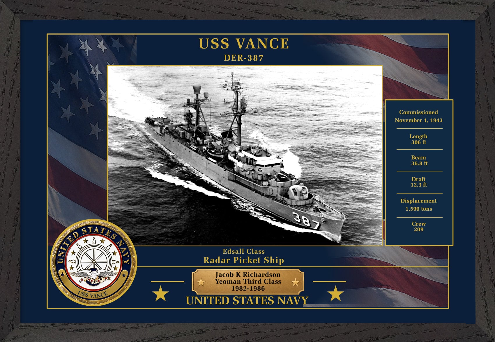 USS Vance DER-387 Framed Patriotic Photo