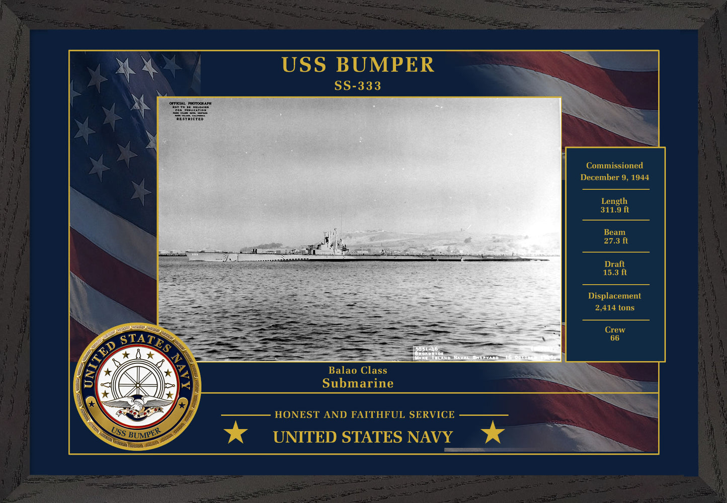 USS Bumper SS-333 Framed Patriotic Photo