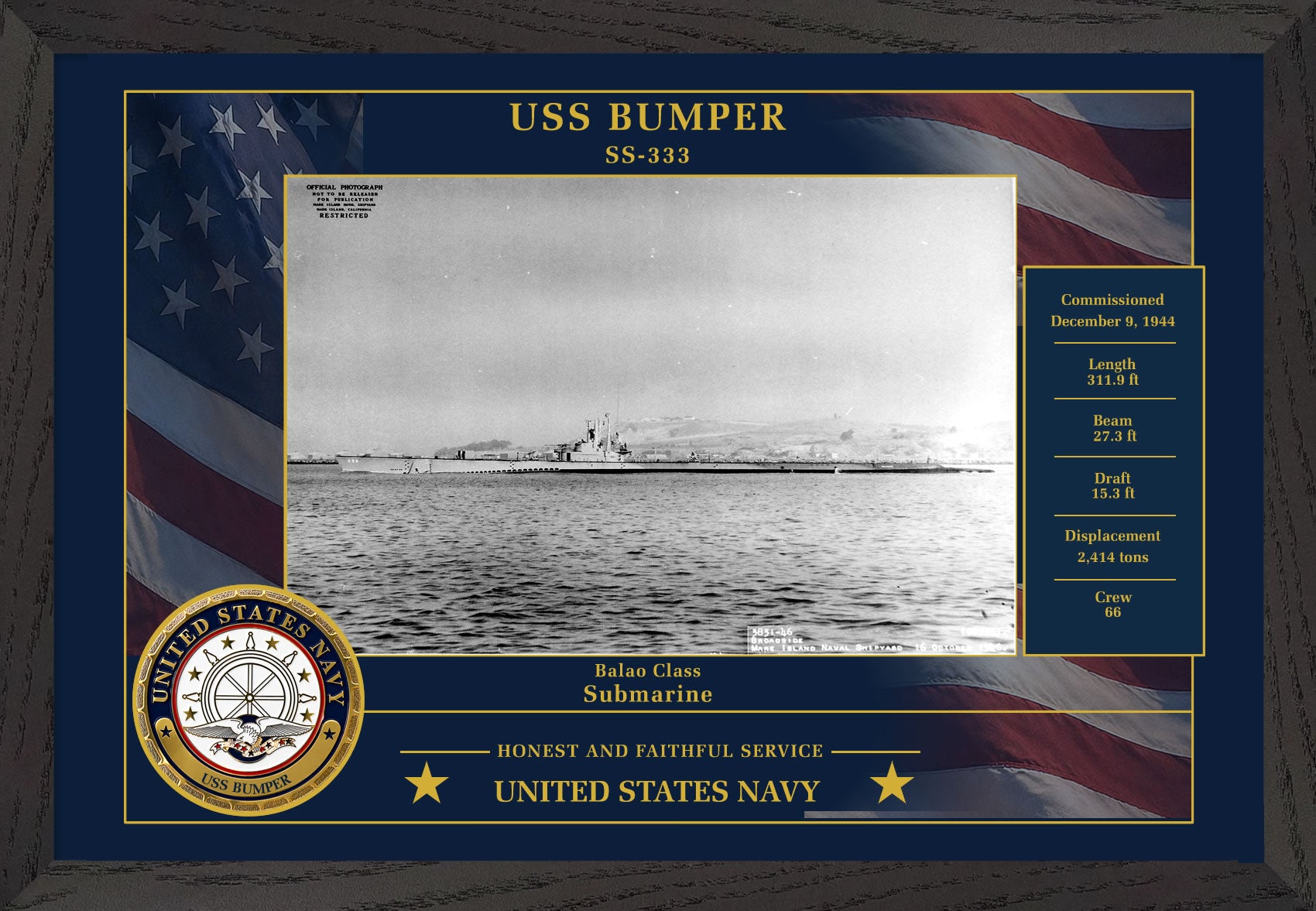 USS Bumper SS-333 Framed Patriotic Photo