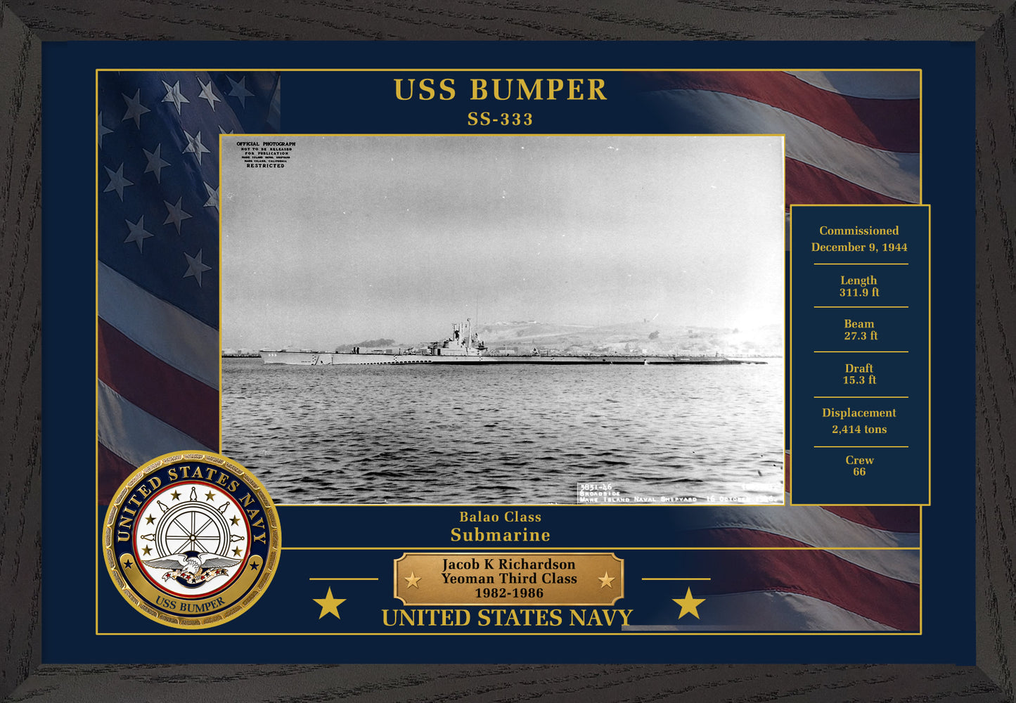 USS Bumper SS-333 Framed Patriotic Photo