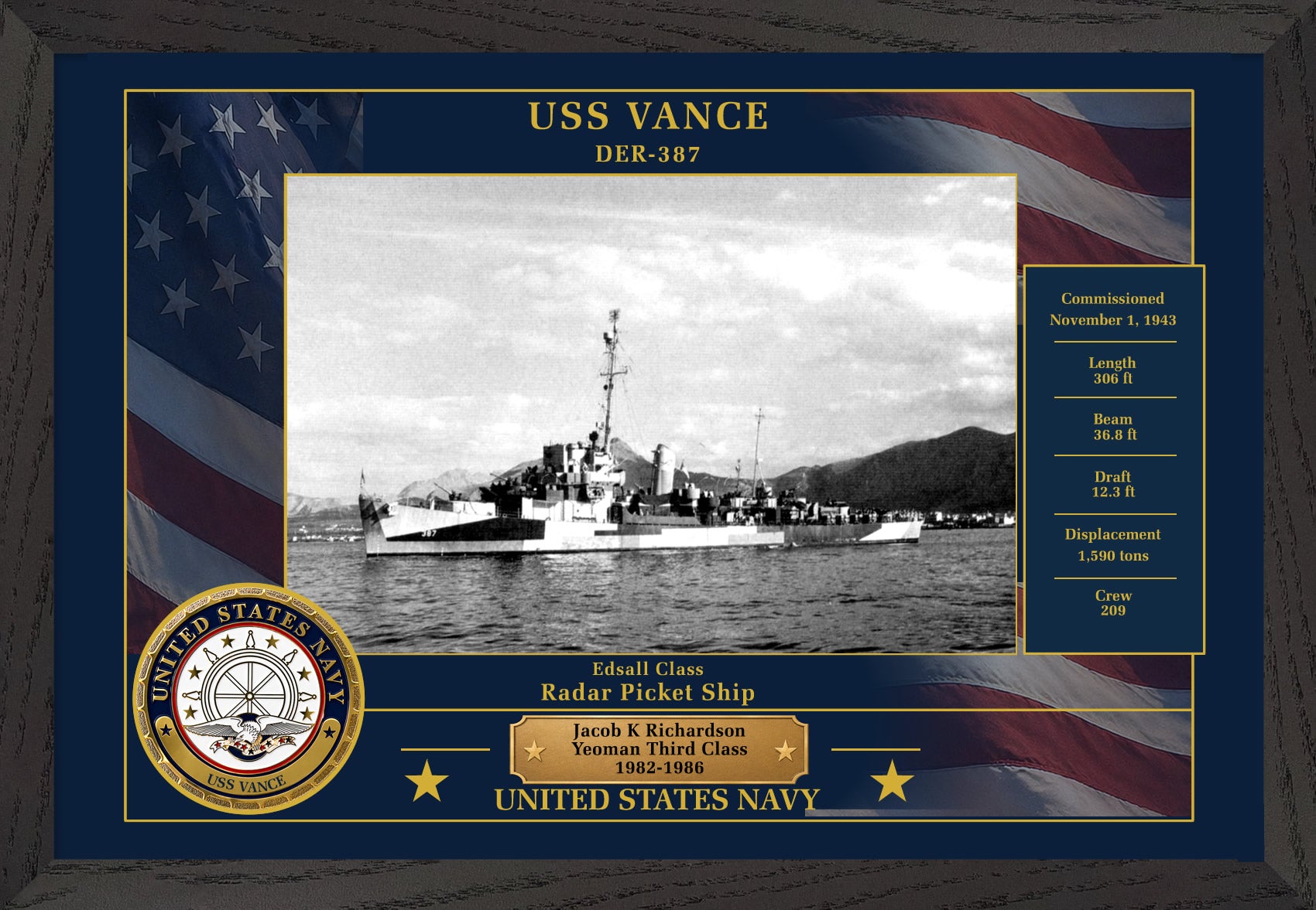 USS Vance DER-387 Framed Patriotic Photo