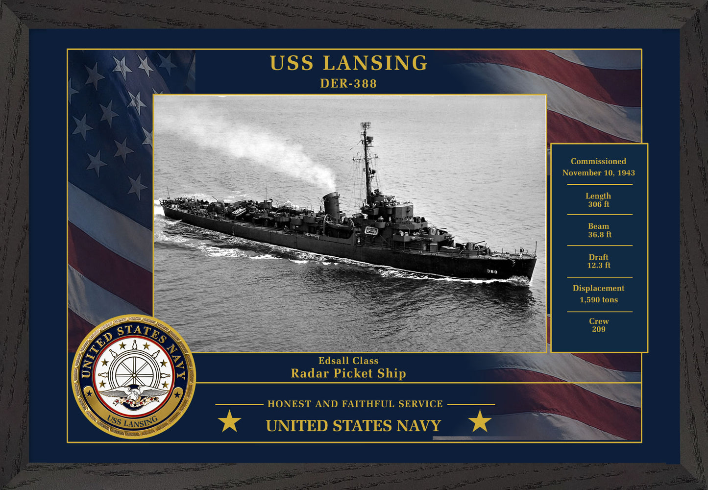 USS Lansing DER-388 Framed Patriotic Photo