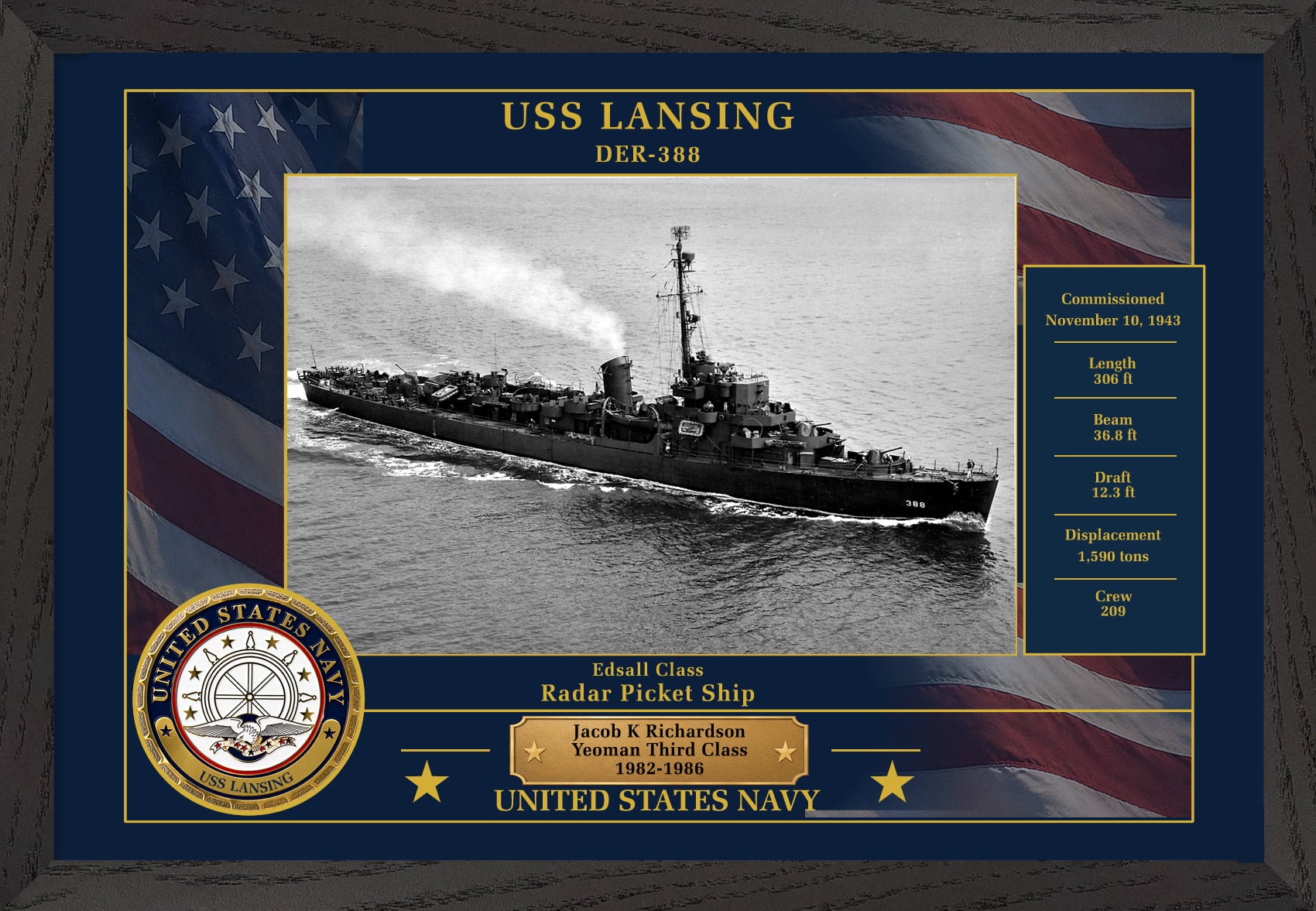 USS Lansing DER-388 Framed Patriotic Photo