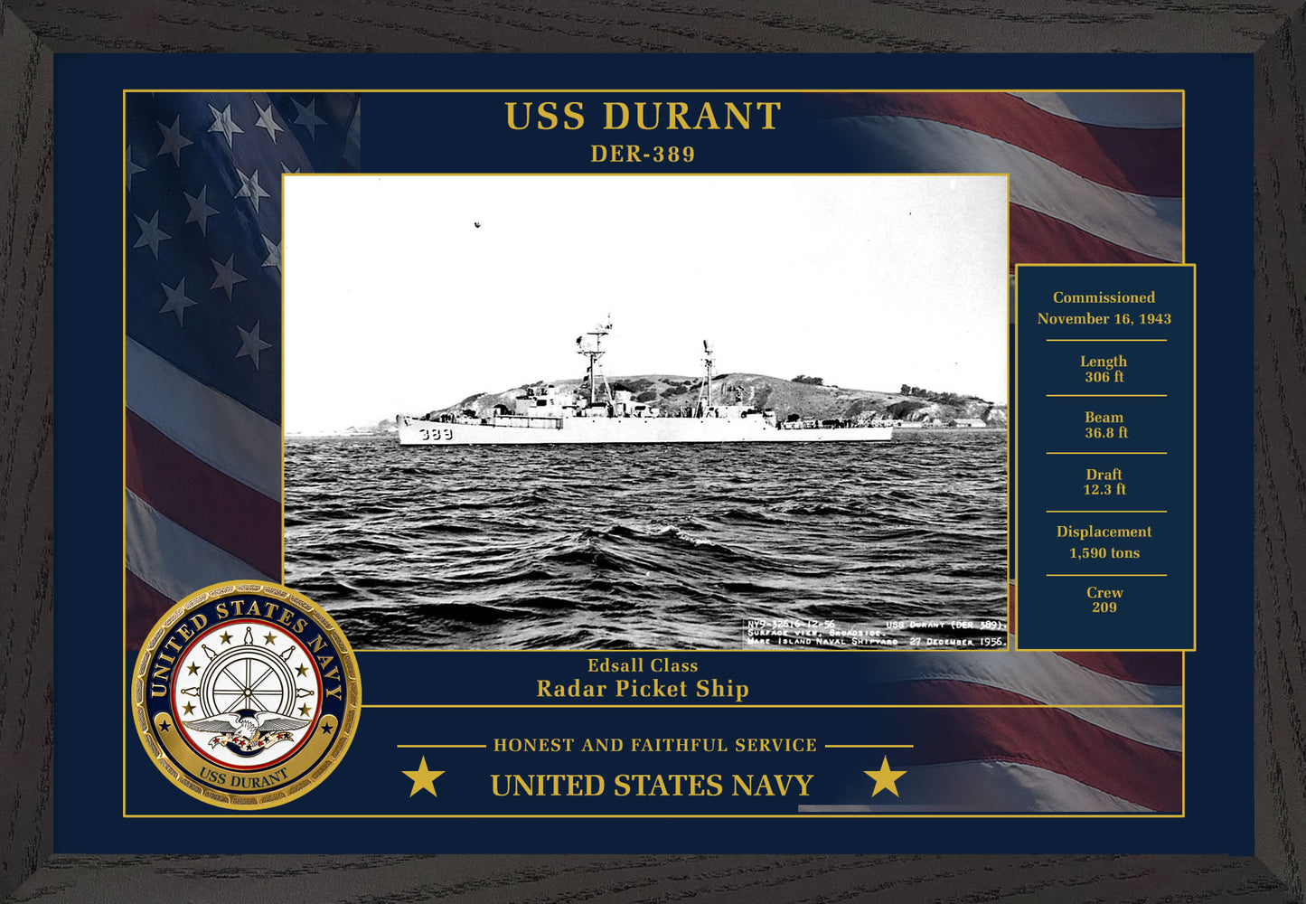 USS Durant DER-389 Framed Patriotic Photo