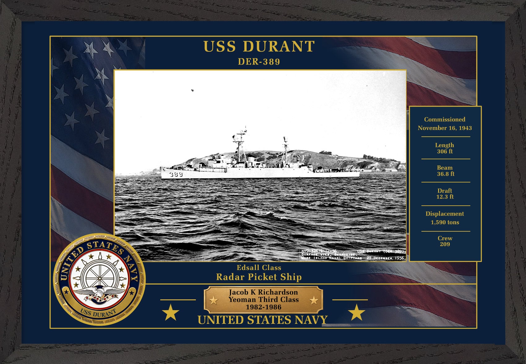 USS Durant DER-389 Framed Patriotic Photo