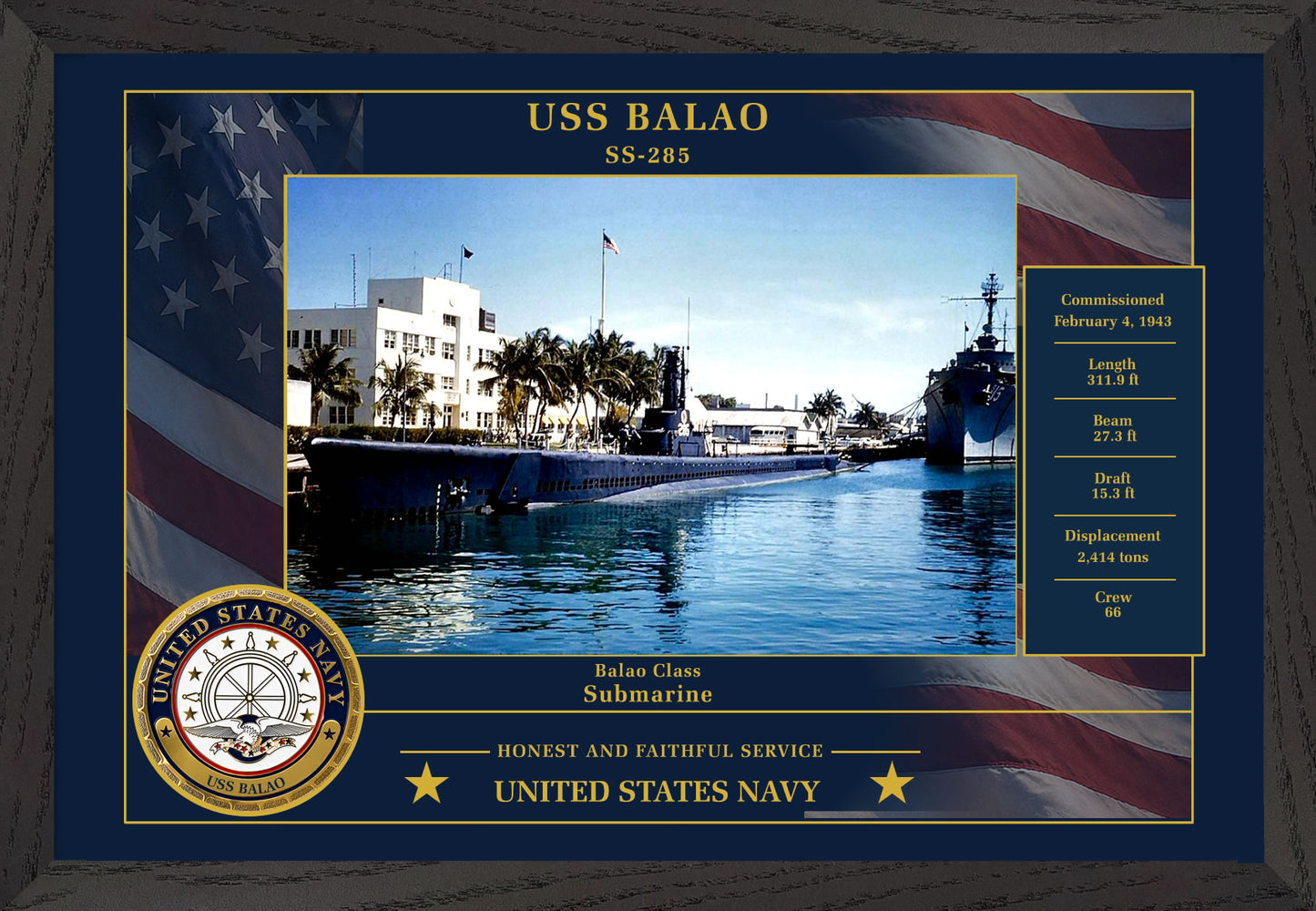 USS Balao SS-285 Framed Patriotic Photo