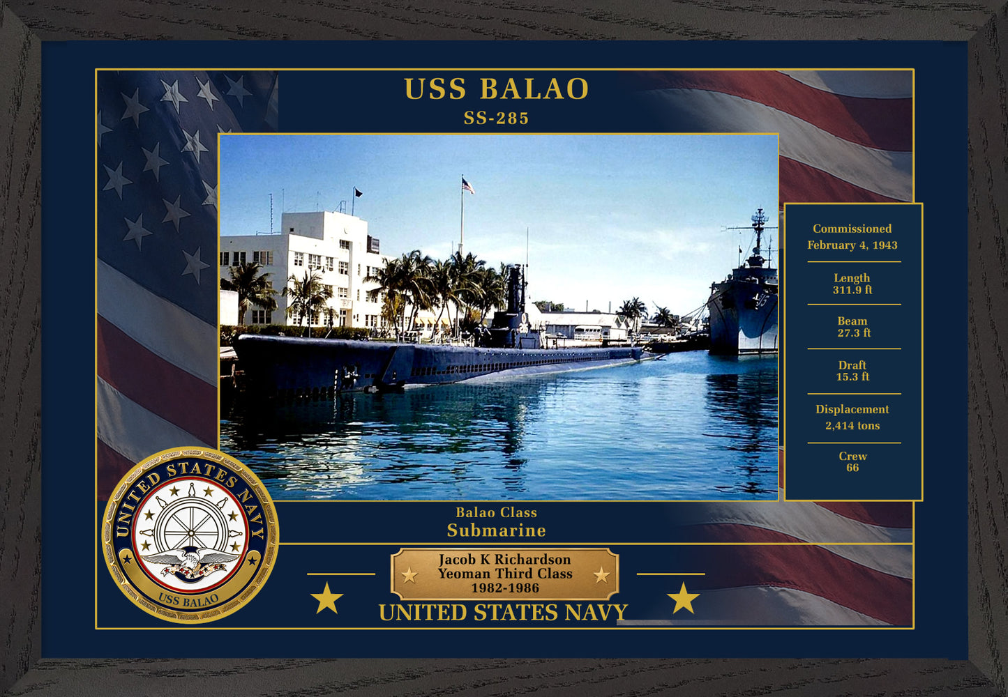 USS Balao SS-285 Framed Patriotic Photo