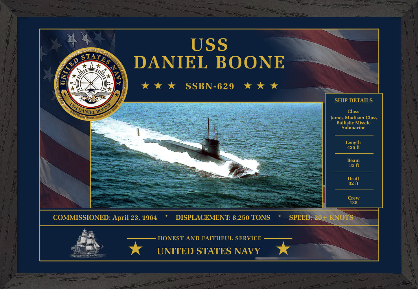 USS Daniel Boone SSBN-629 Framed Patriotic Art