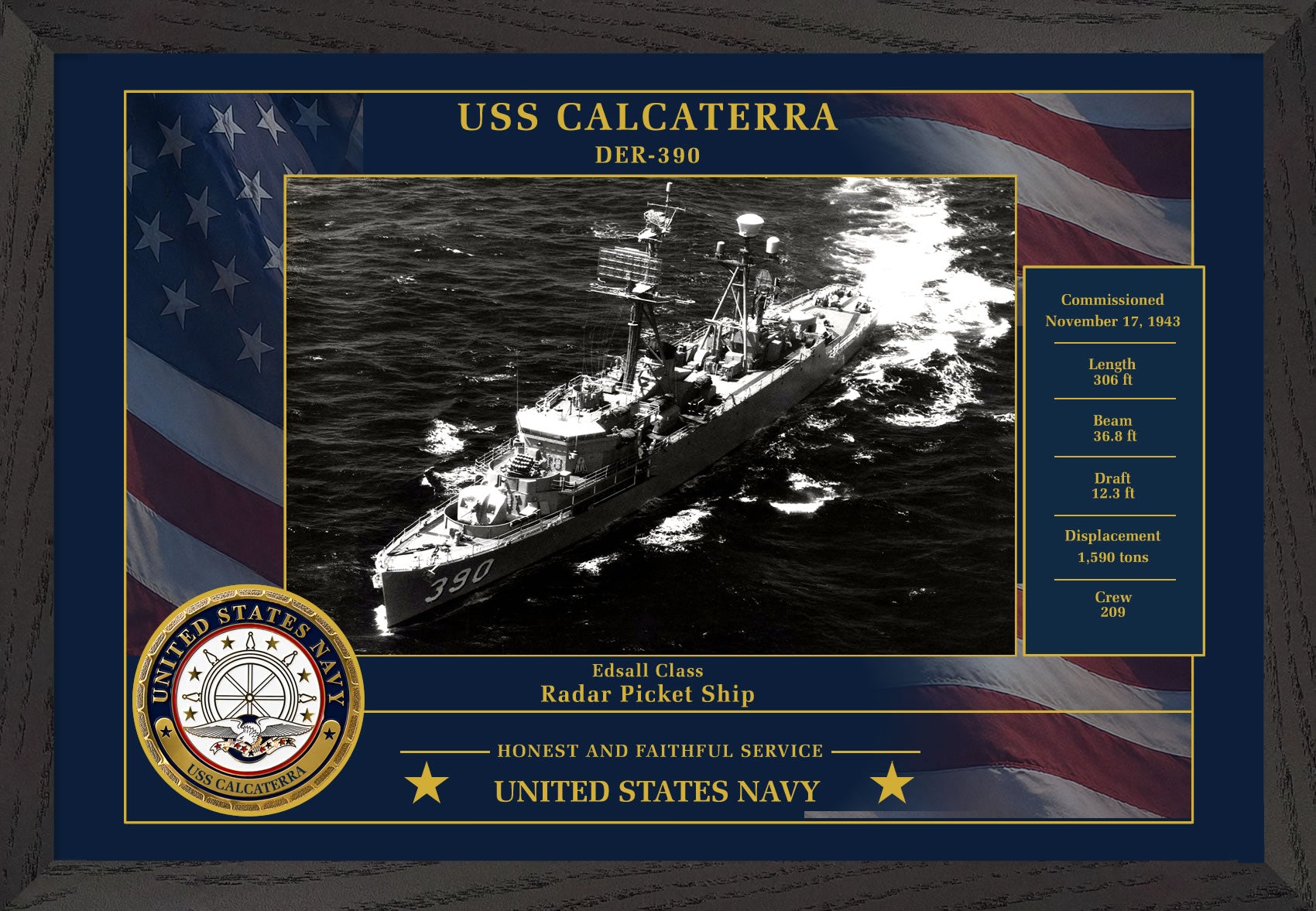 USS Calcaterra DER-390 Framed Patriotic Photo