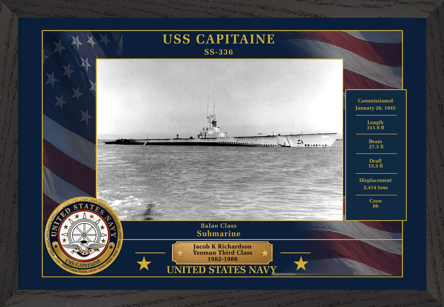 USS Capitaine SS-336 Framed Patriotic Photo