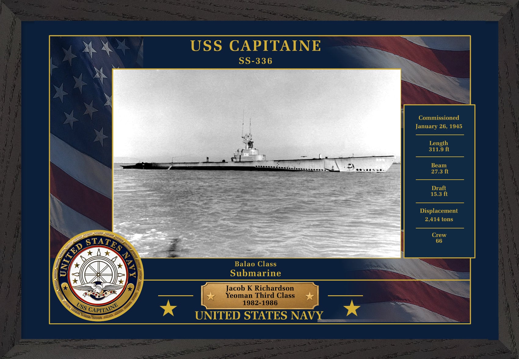 USS Capitaine SS-336 Framed Patriotic Photo
