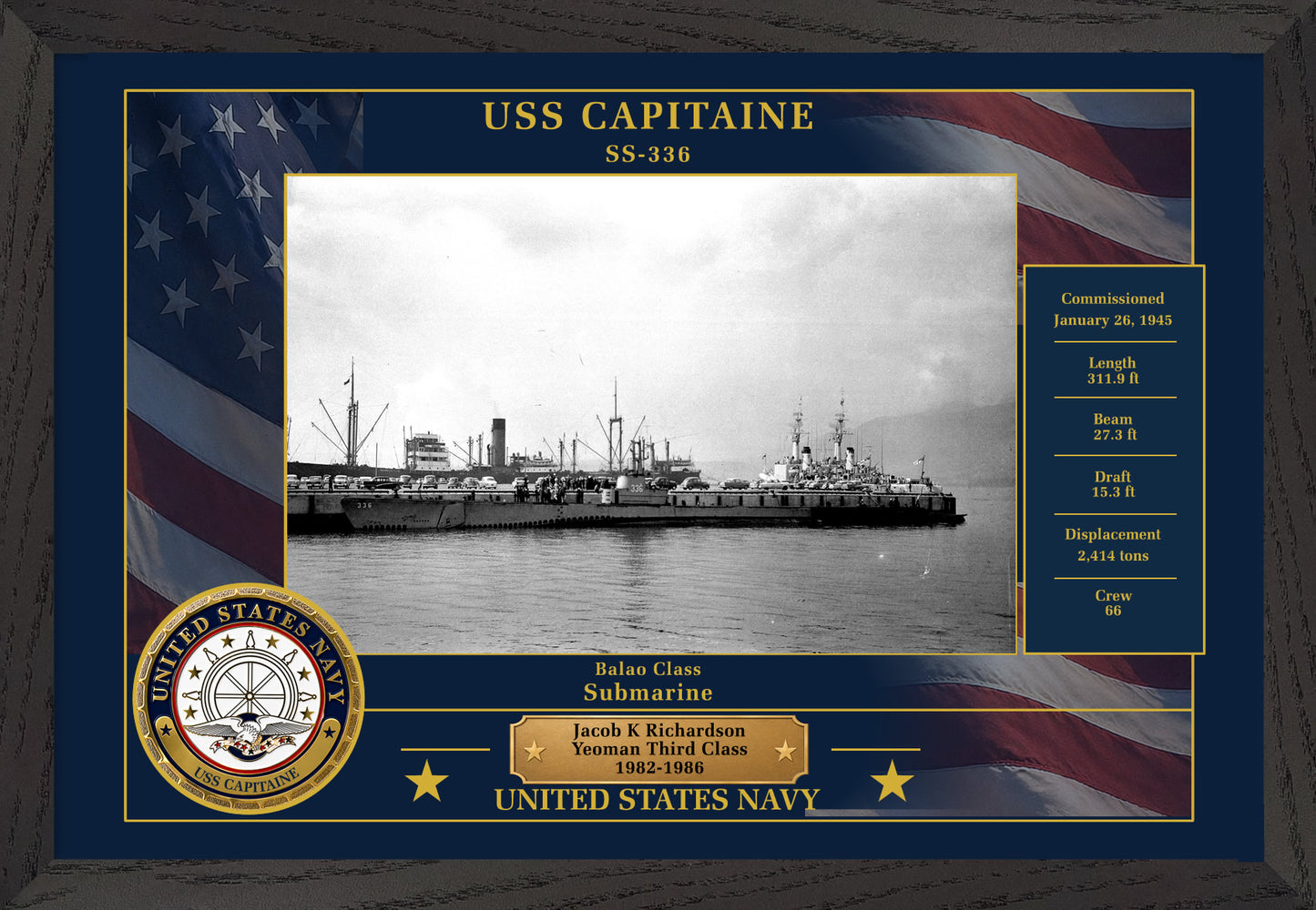 USS Capitaine SS-336 Framed Patriotic Photo