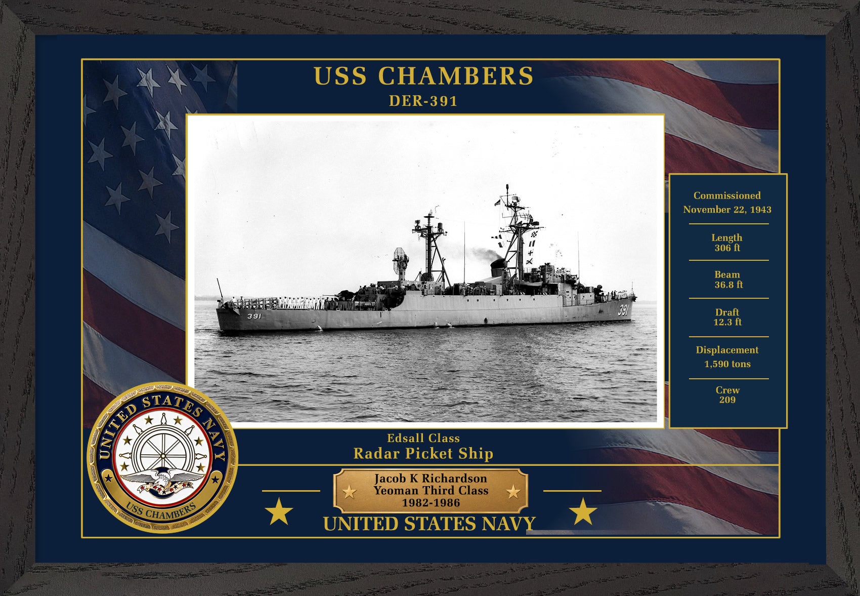 USS Chambers DER-391 Framed Patriotic Photo