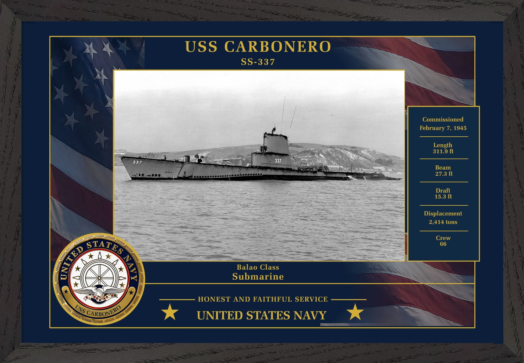 USS Carbonero SS-337 Framed Patriotic Photo