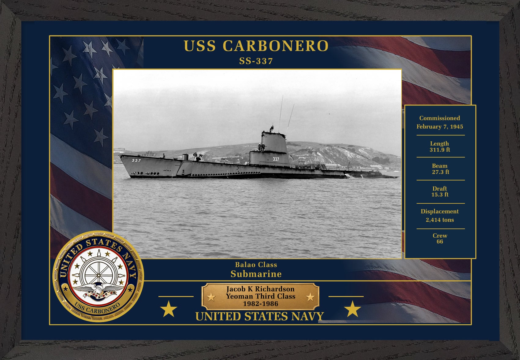 USS Carbonero SS-337 Framed Patriotic Photo