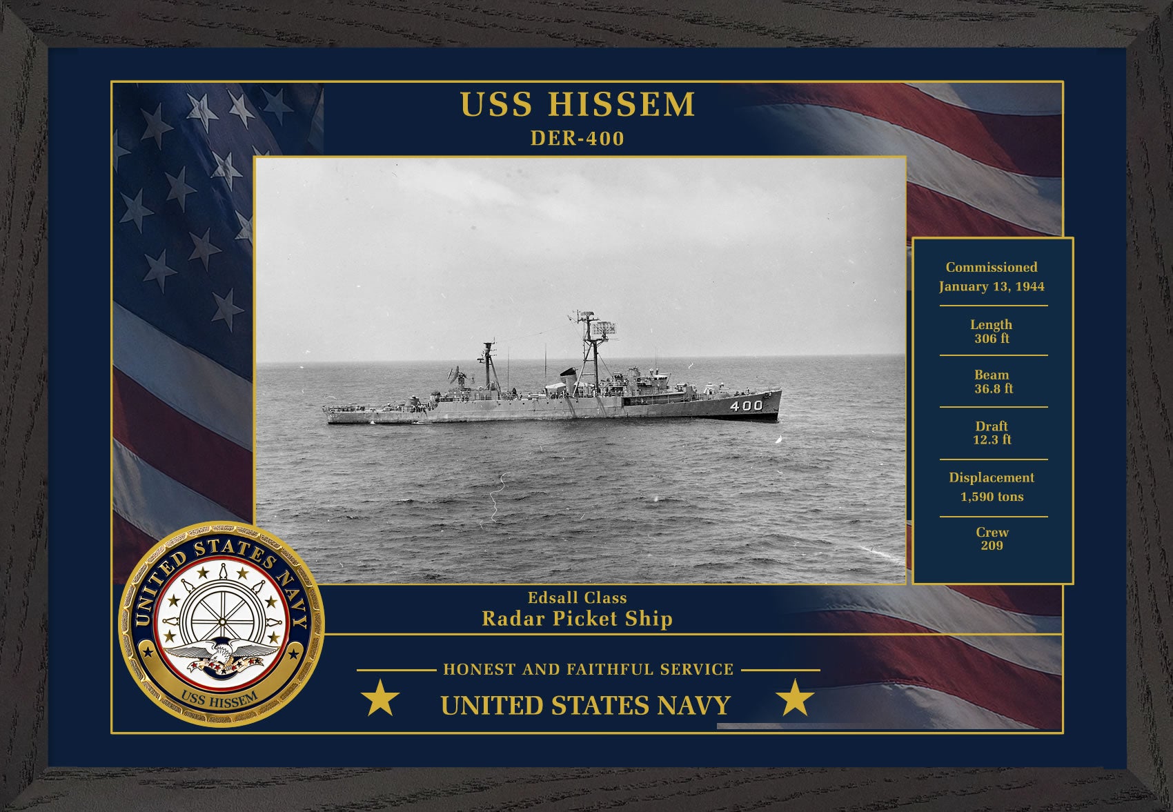 USS Hissem DER-400 Framed Patriotic Photo