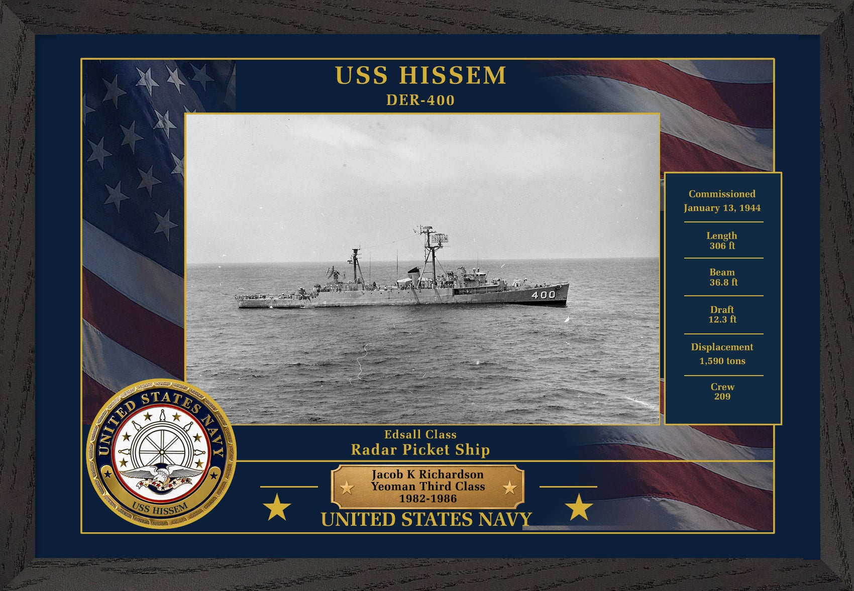 USS Hissem DER-400 Framed Patriotic Photo