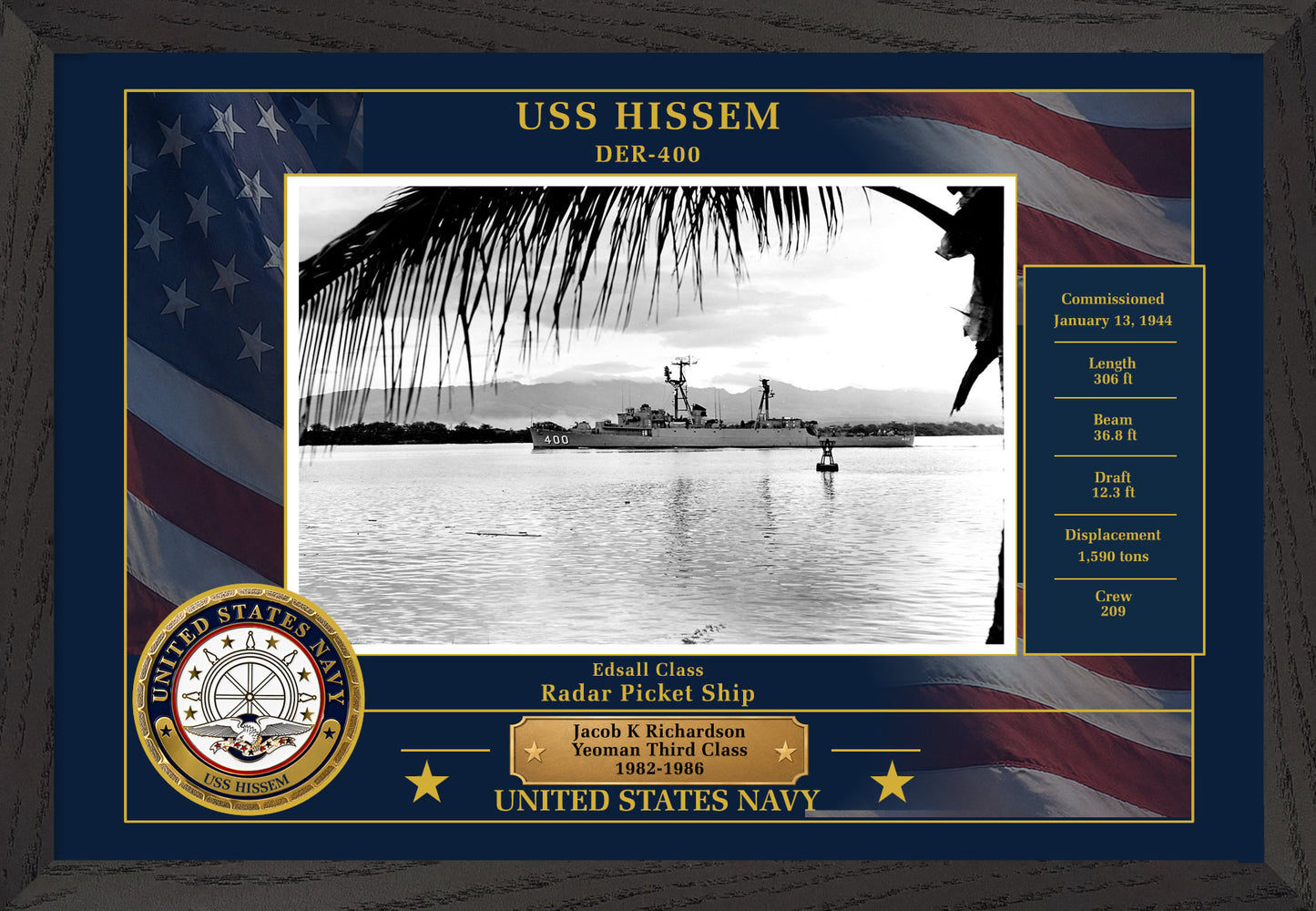 USS Hissem DER-400 Framed Patriotic Photo