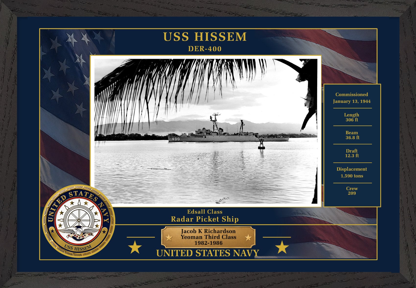 USS Hissem DER-400 Framed Patriotic Photo